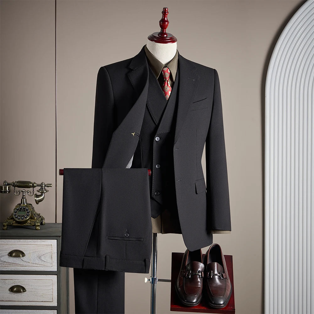 High-end men's wool suit set, fashionable and cool solid color banquet and wedding fine three-piece suit set