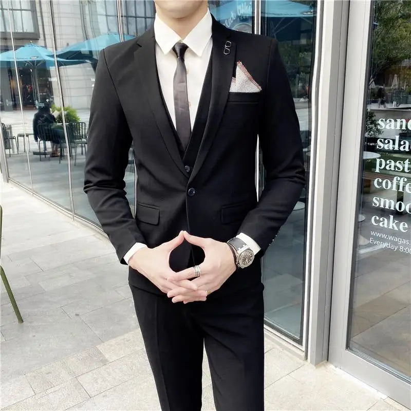 2023 Men's British Fashion Three-piece Set Slim Fit Suit Vest Trousers Ensemble Handsome Trendy All-in-one Banquet Blaze