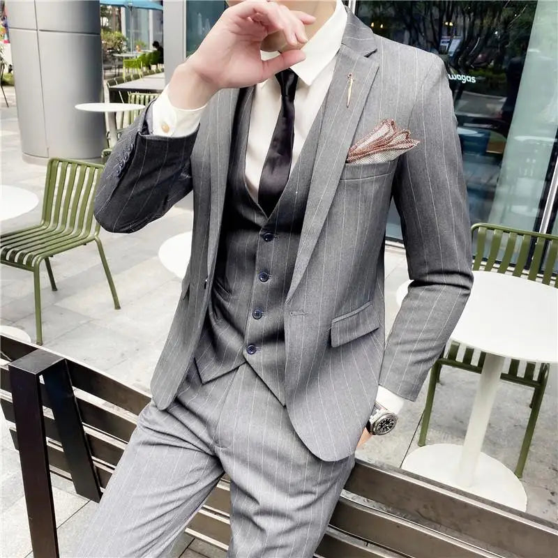 2023 Men's British Fashion Three-piece Set Slim Fit Suit Vest Trousers Ensemble Handsome Trendy All-in-one Banquet Blaze