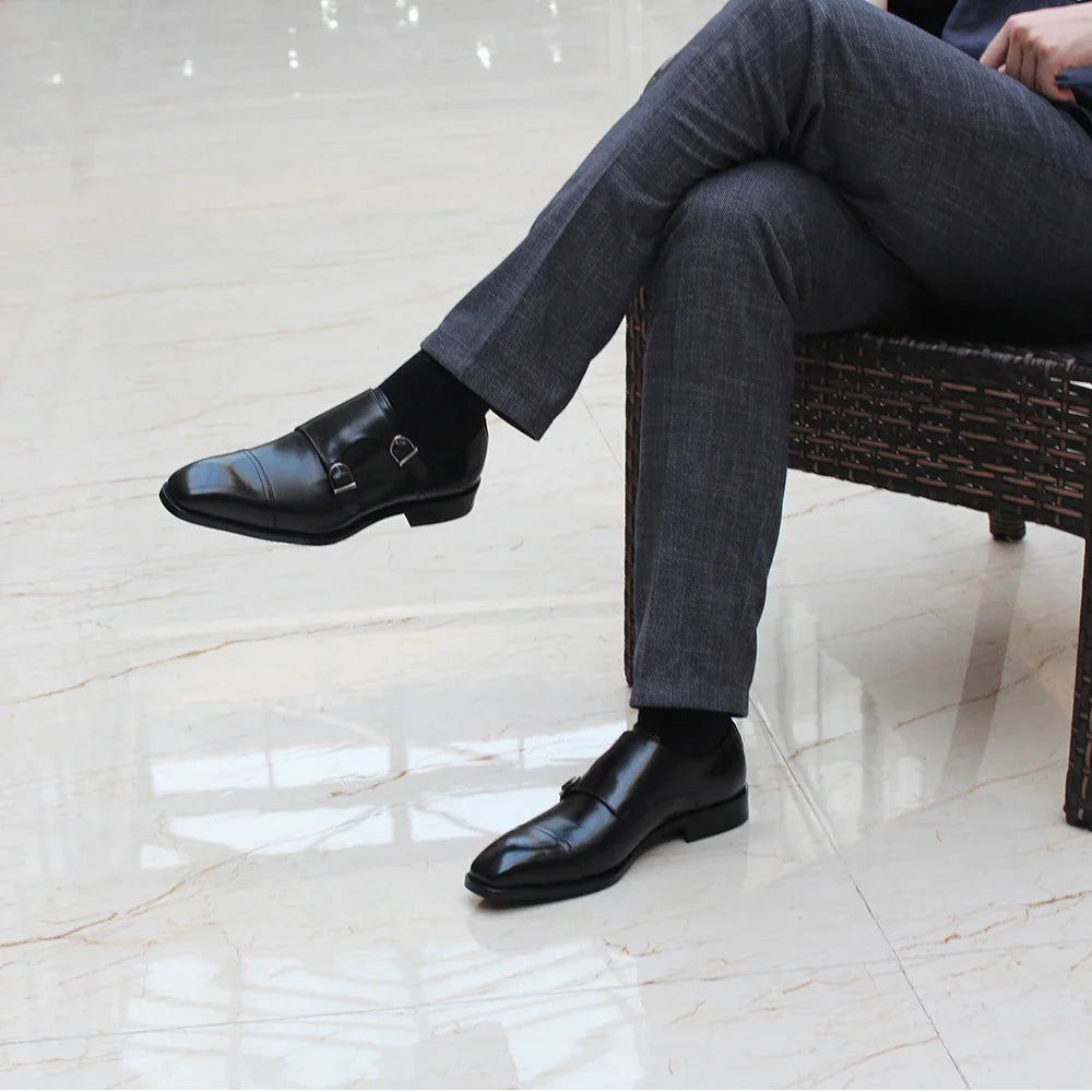 Luxury Genuine Leather Double Buckle Monk Strap Formal Shoes for Men Classic Cap Toe Business Office Wedding Dress Shoes
