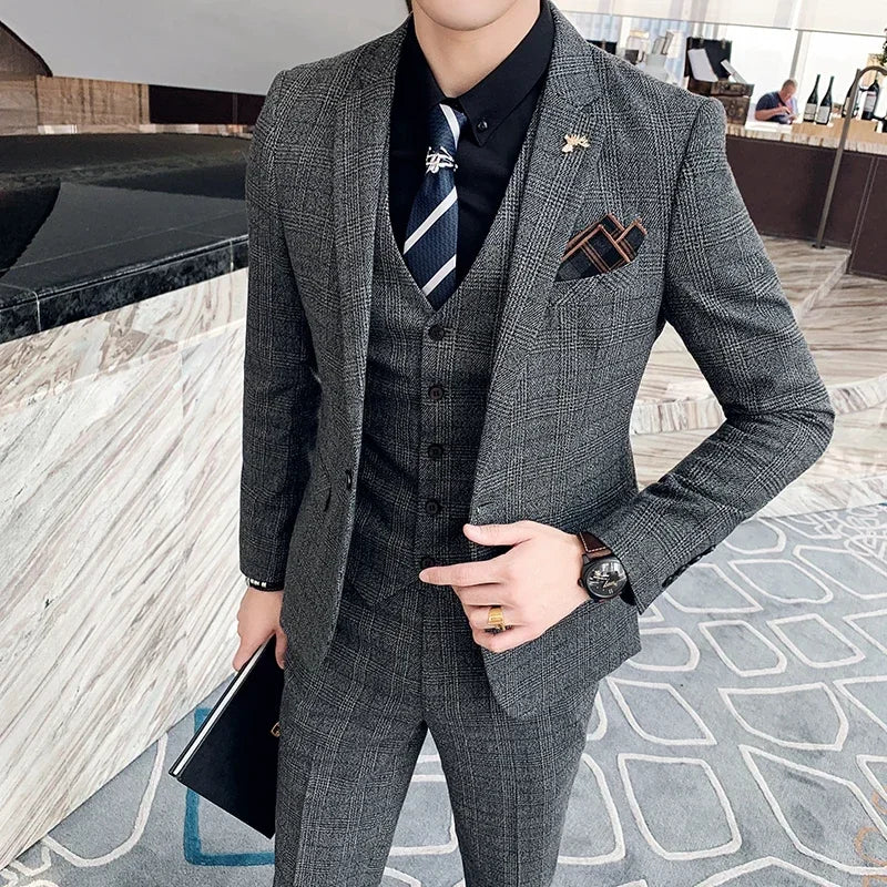 Men's High-quality Plus Size 5XL-M 3-piece Suit (suit+vest+pants) Business Fashion Plaid Suit Groom's Wedding Banquet Set