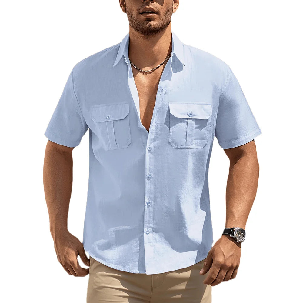 Cotton Linen Short Sleeve Shirts for Men Solid Color Double Pocket Single Breasted Lightweight Breathable Stylish Male Tops