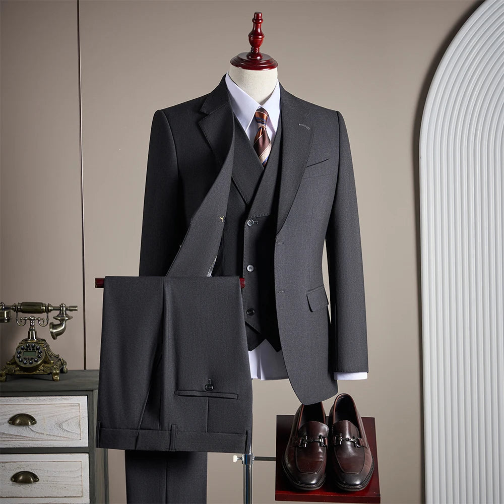 High-end men's wool suit set, fashionable and cool solid color banquet and wedding fine three-piece suit set