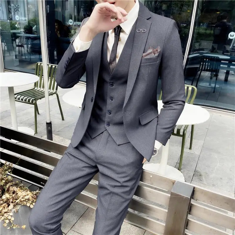 2023 Men's British Fashion Three-piece Set Slim Fit Suit Vest Trousers Ensemble Handsome Trendy All-in-one Banquet Blaze