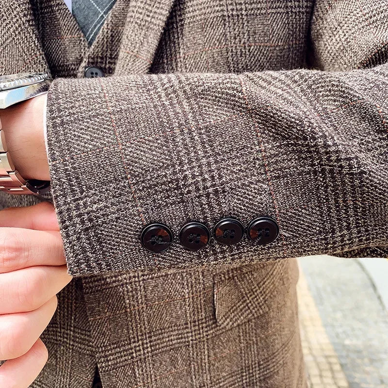 Men's High-quality Plus Size 5XL-M 3-piece Suit (suit+vest+pants) Business Fashion Plaid Suit Groom's Wedding Banquet Set