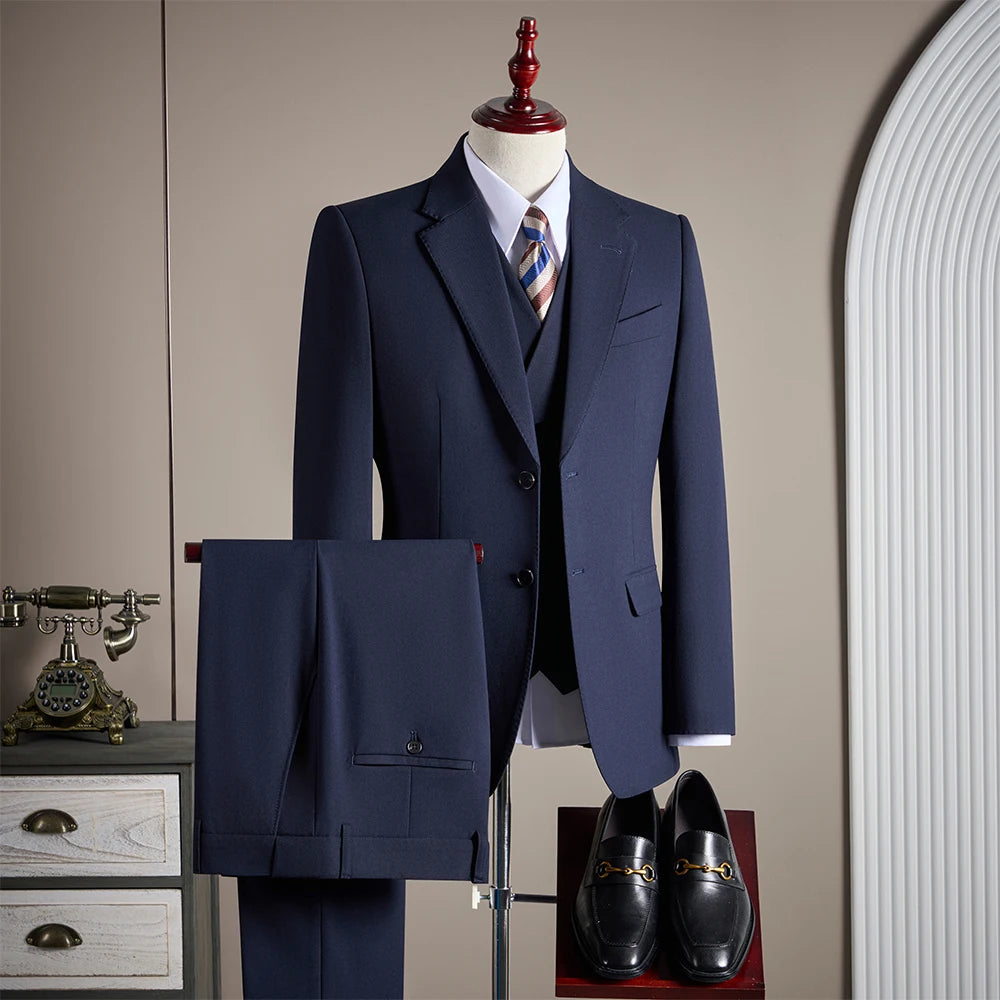 High-end men's wool suit set, fashionable and cool solid color banquet and wedding fine three-piece suit set