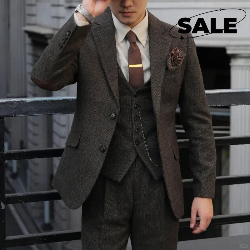 Peaky Blinders Men's 3-Piece Suit Vintage Plaid Wool Autumn/Winter Heavyweight New Style Jacket+Vest+Pants Slim Fit  Formal Suit