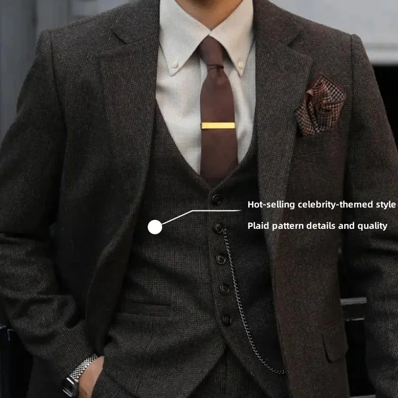 Peaky Blinders Men's 3-Piece Suit Vintage Plaid Wool Autumn/Winter Heavyweight New Style Jacket+Vest+Pants Slim Fit  Formal Suit