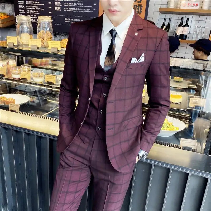 2023 Men's British Fashion Three-piece Set Slim Fit Suit Vest Trousers Ensemble Handsome Trendy All-in-one Banquet Blaze