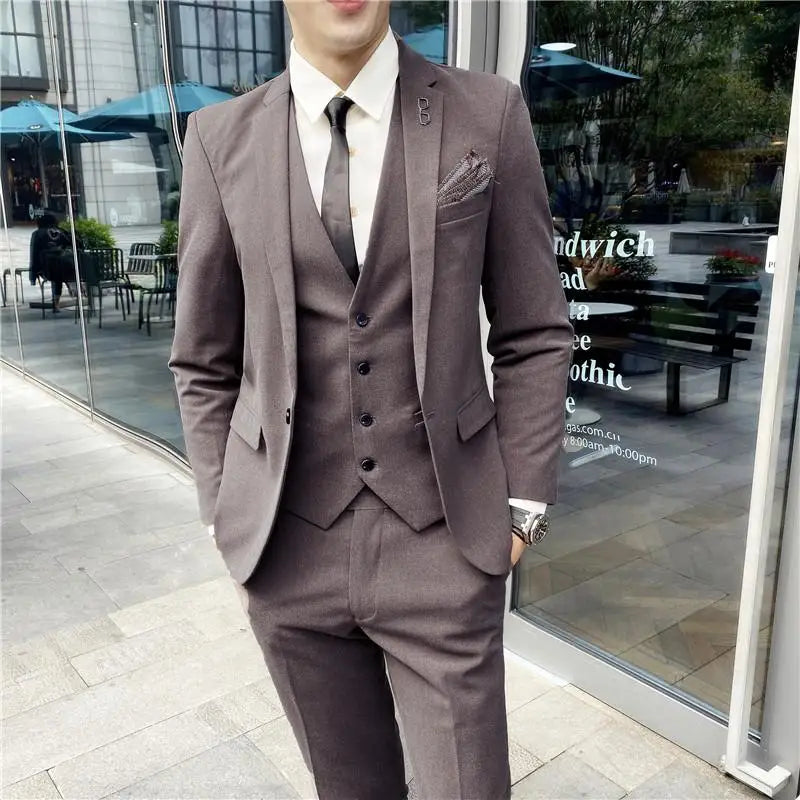 2023 Men's British Fashion Three-piece Set Slim Fit Suit Vest Trousers Ensemble Handsome Trendy All-in-one Banquet Blaze