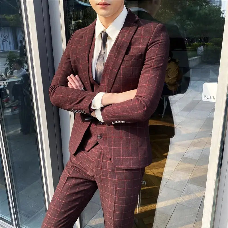 2023 Men's British Fashion Three-piece Set Slim Fit Suit Vest Trousers Ensemble Handsome Trendy All-in-one Banquet Blaze