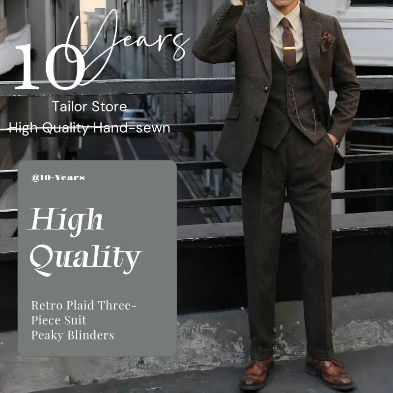 Peaky Blinders Men's 3-Piece Suit Vintage Plaid Wool Autumn/Winter Heavyweight New Style Jacket+Vest+Pants Slim Fit  Formal Suit