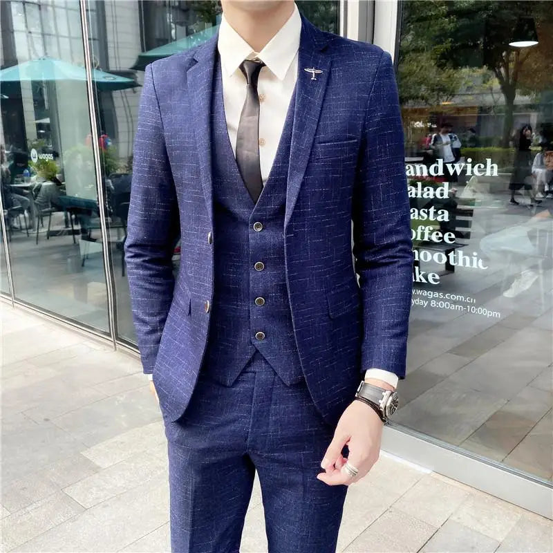2023 Men's British Fashion Three-piece Set Slim Fit Suit Vest Trousers Ensemble Handsome Trendy All-in-one Banquet Blaze