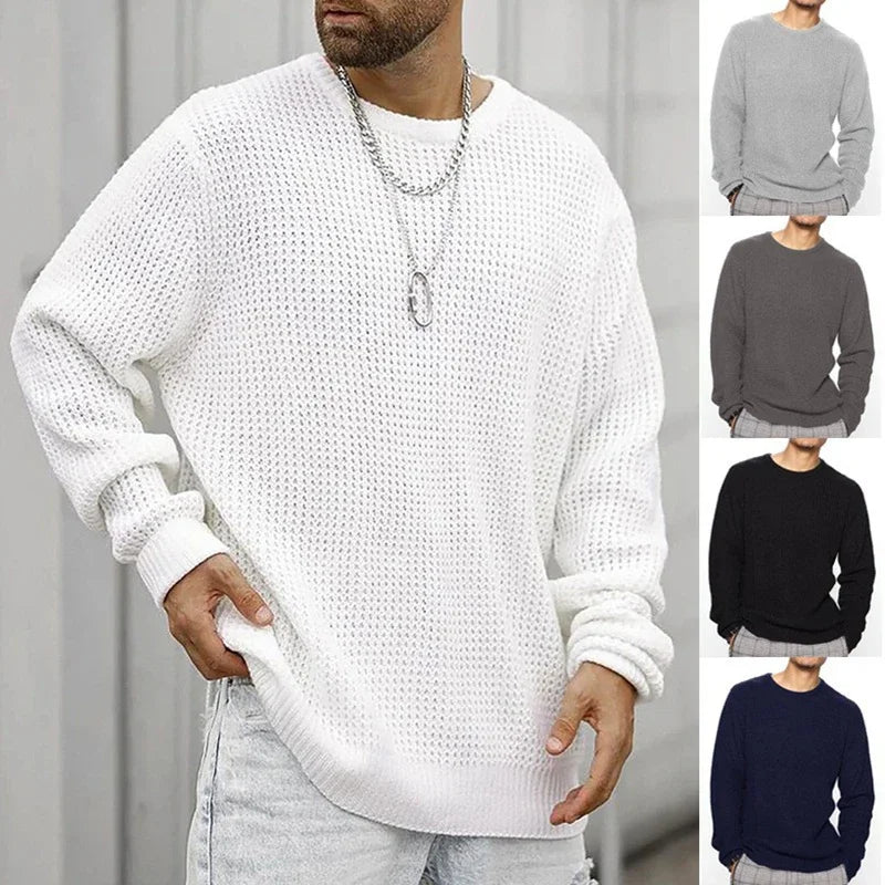 2025 New Men's Casual Sweater Round Neck Long Sleeve Knitted Sweater Solid Color Fashion Versatile Top