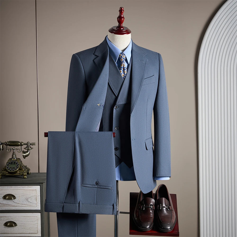 High-end men's wool suit set, fashionable and cool solid color banquet and wedding fine three-piece suit set