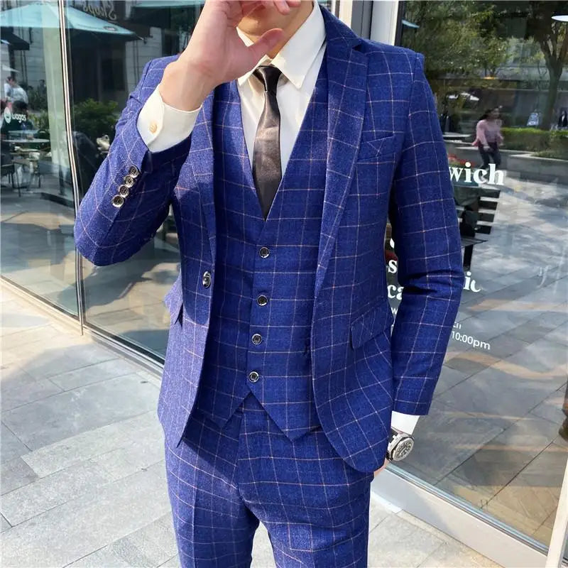 2023 Men's British Fashion Three-piece Set Slim Fit Suit Vest Trousers Ensemble Handsome Trendy All-in-one Banquet Blaze